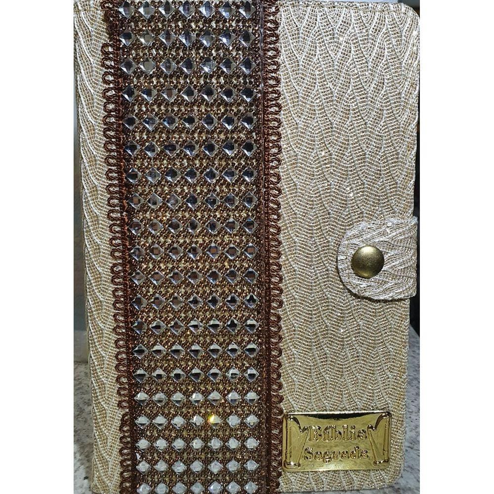 Biblia Hiper gigante com harpa pedraria Bege Flores cpp