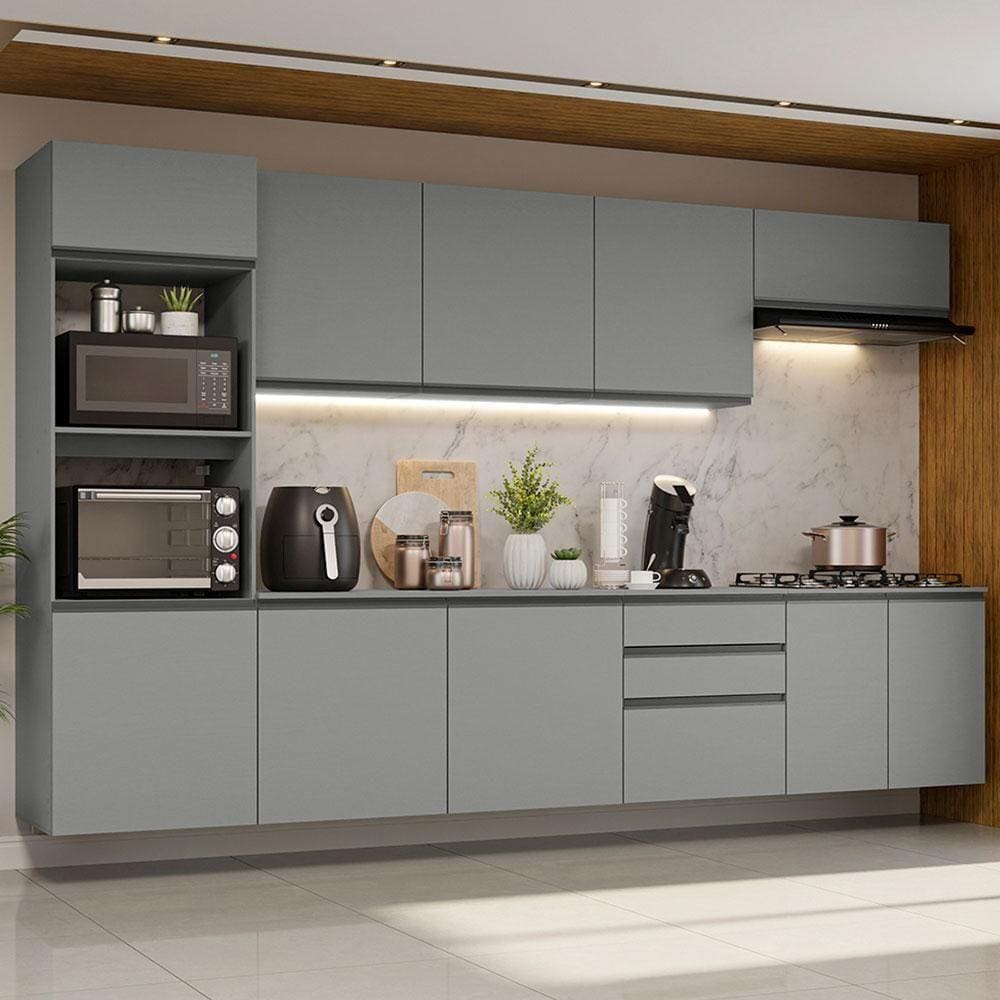 Armário De Cozinha Completa Suspenso 320Cm Cinza