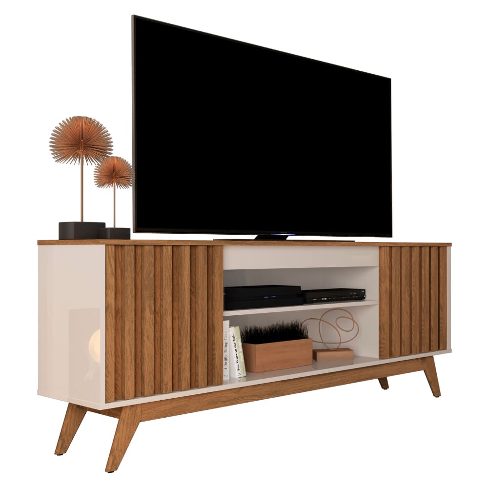 Rack para TV 60\" Ripado Sala Pequena 2 Portas Malibu Wood Off White Freijo Giga Moveis