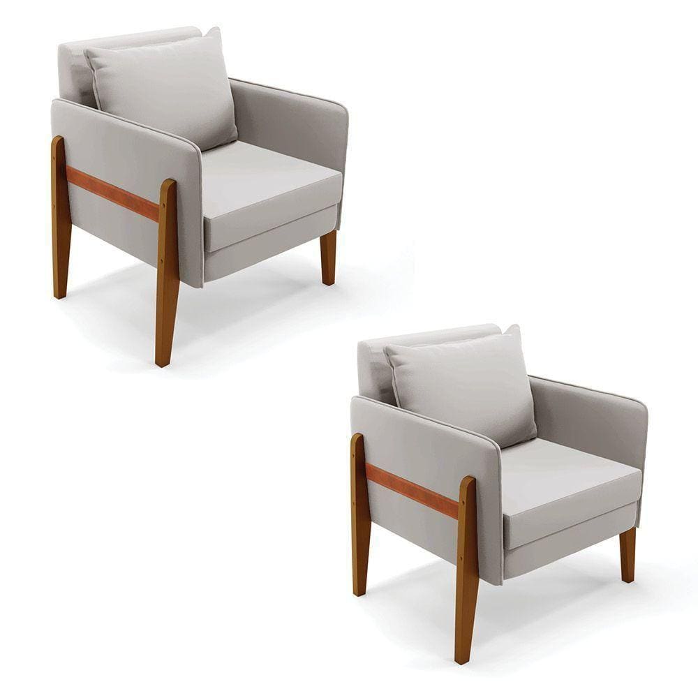 Kit 02 Poltronas Lana Veludo Cinza Base De Madeira