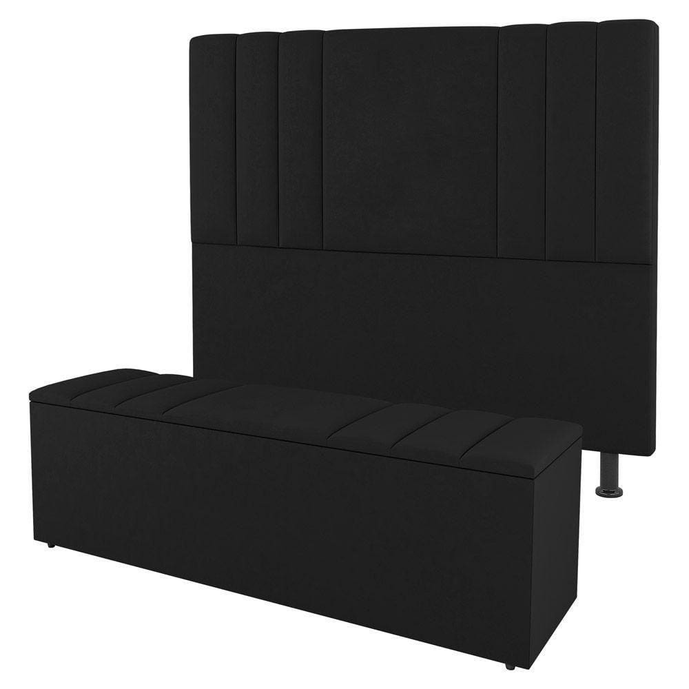 Cabeceira E Baú Cama Box Queen Grace 160cm Sintético Preto