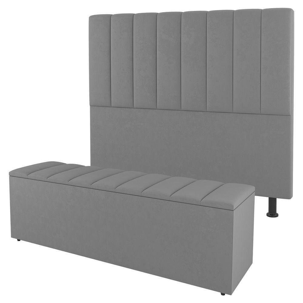 Cabeceira E Baú Cama Box King Size Cora 195cm Suede Cinza