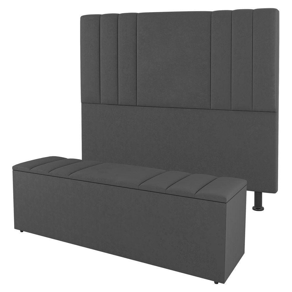 Cabeceira E Baú Cama Box Solteiro Grace 90cm Suede Cinza