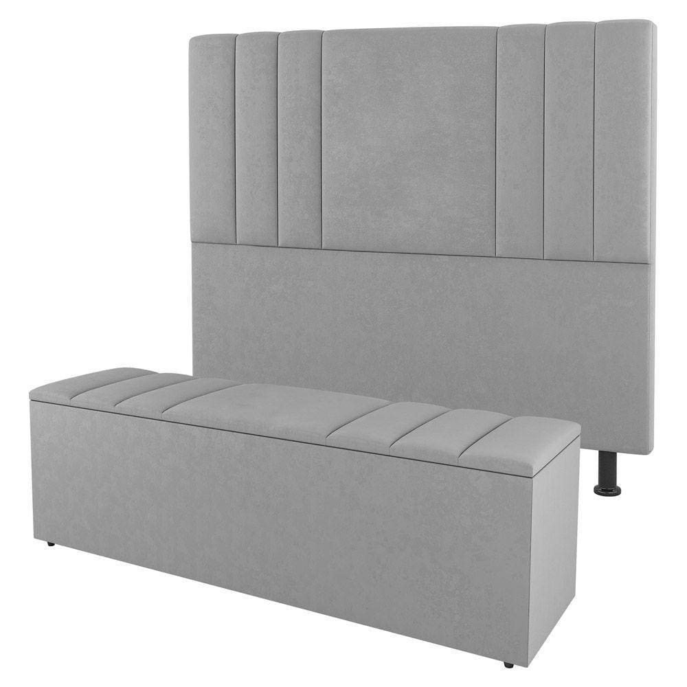 Cabeceira E Baú Cama Box Solteiro Grace 90cm Suede Cinza
