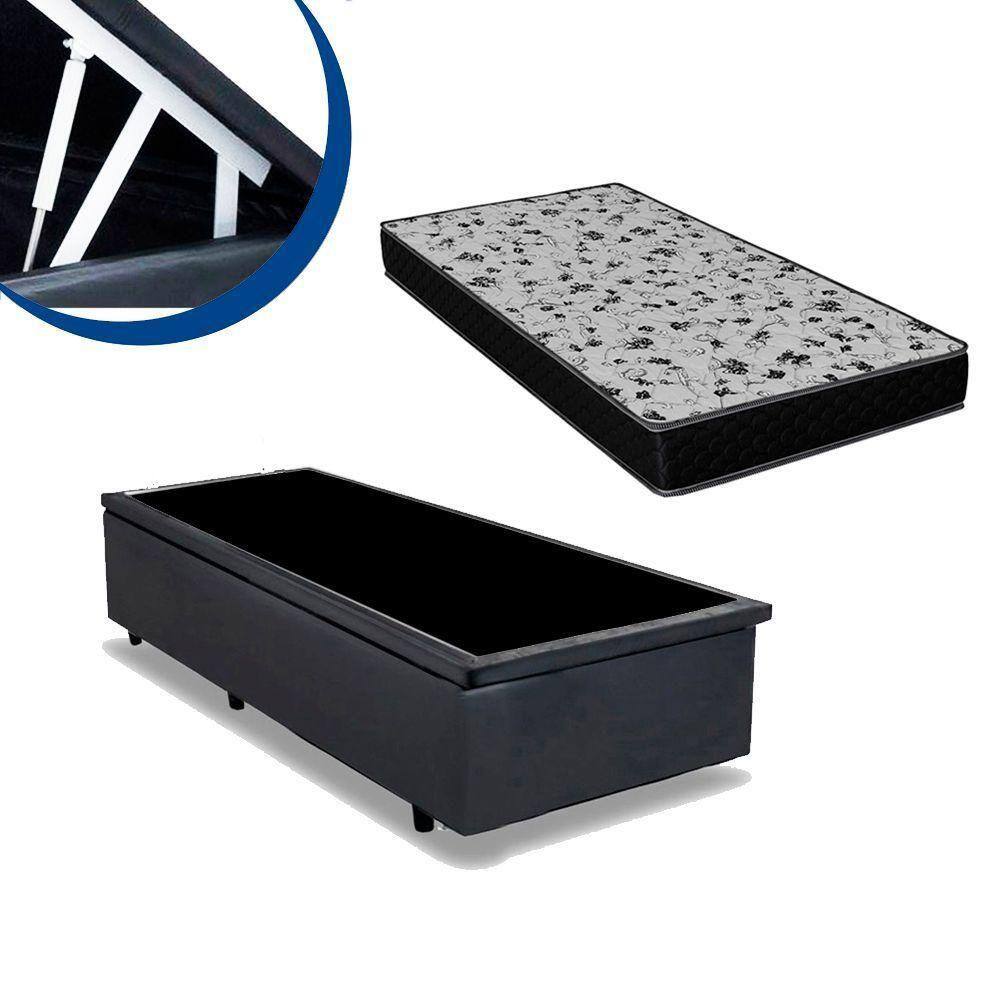 Cama Box Baú Solteiro Colchão Bordado + Box Cinza 62x78x188