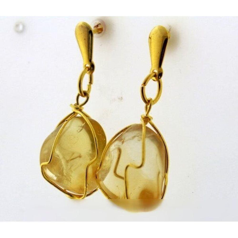 Brinco Cesta Amarrada Pedra Citrino Natural Dourado