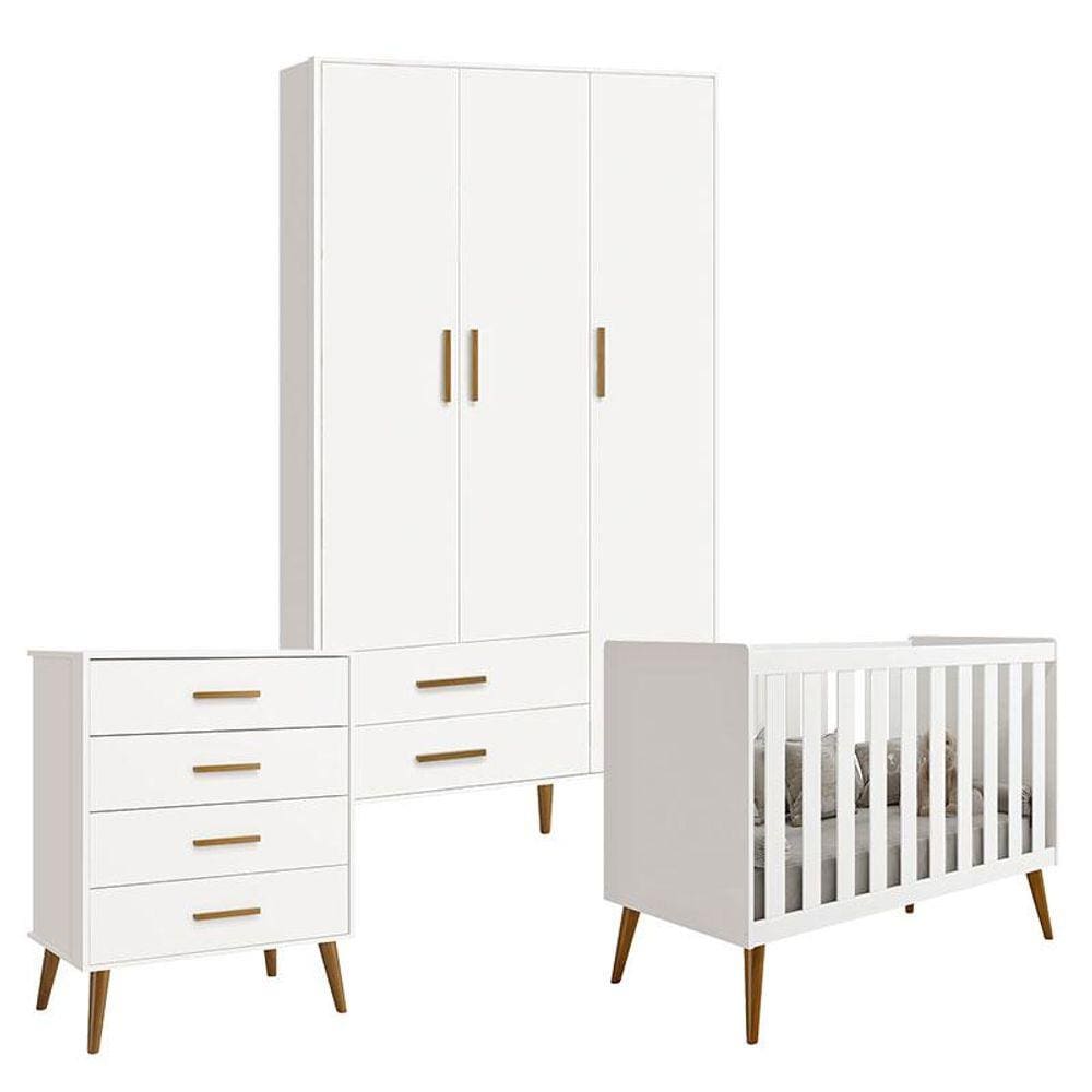 Quarto de Bebê Isis 3 Portas com Gaveteiro Branco Acetinado - Reller