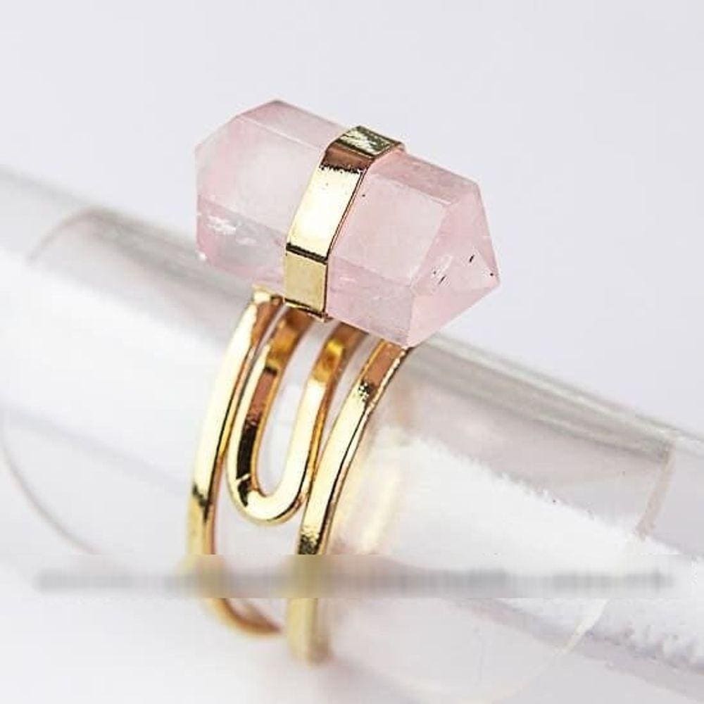Anel Micro Pontinha Quartzo Rosa Bi Ponta Ajustavel Dourado