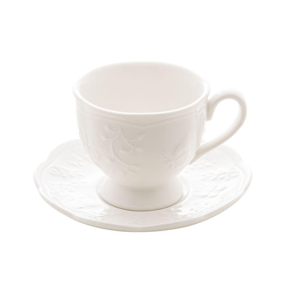 Xícara P/Chá C/Pires de Porcelana New Bone Butterfly Flower Branco 200ml Lyor