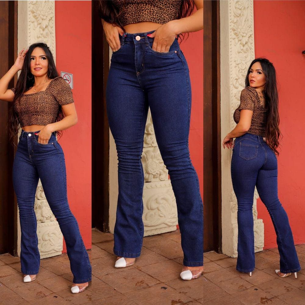 Calça Jeans Feminina Flare Cintura Alta Boca Larga