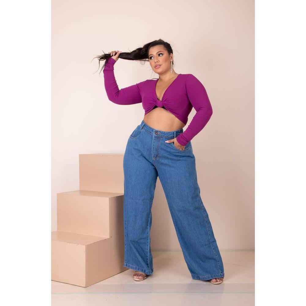 Calça Jeans Feminina Wide Leg Plus Size Pantalona Cintura Alta Lisa