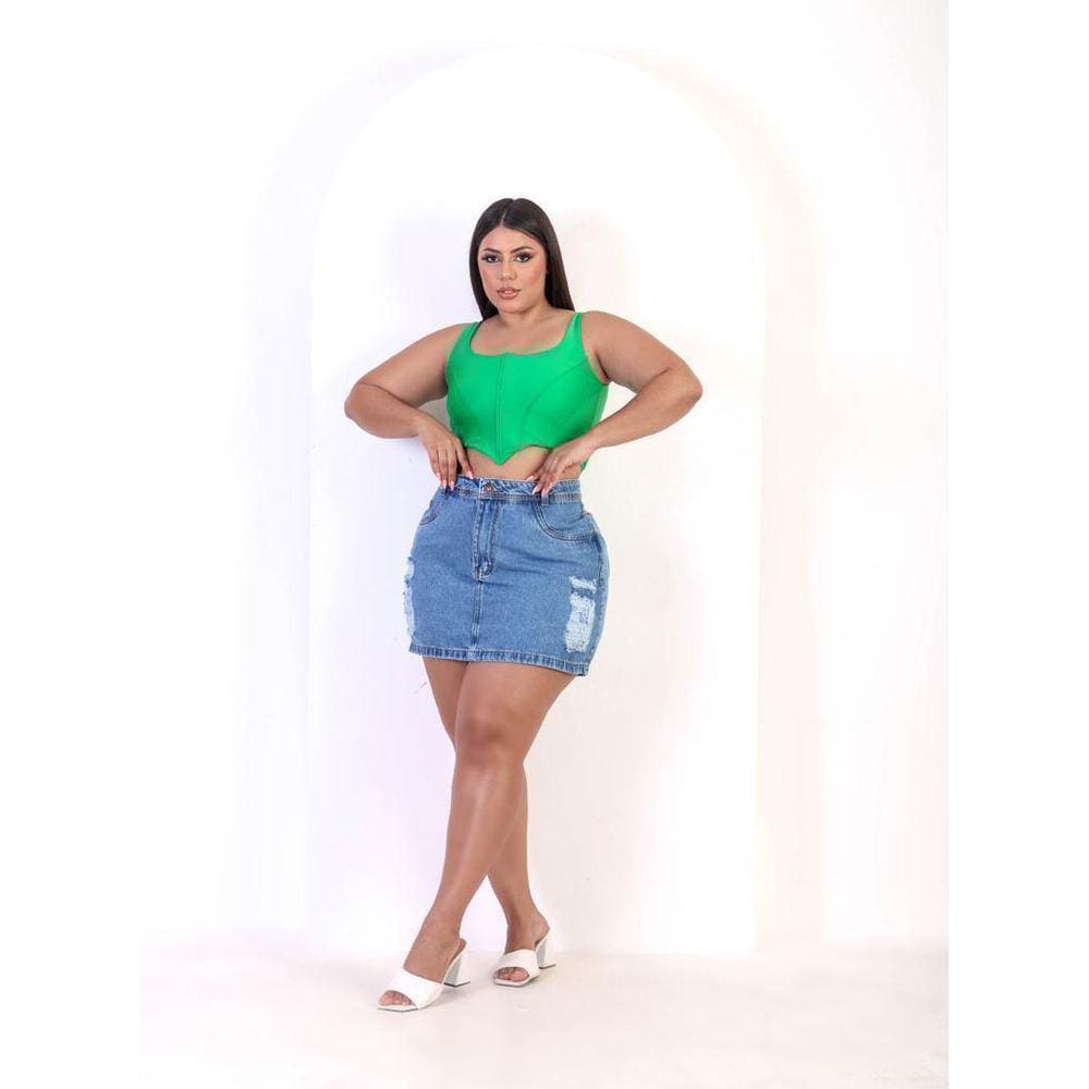Mini Saia Jeans Plus Size Clara Cintura Alta Destroyed