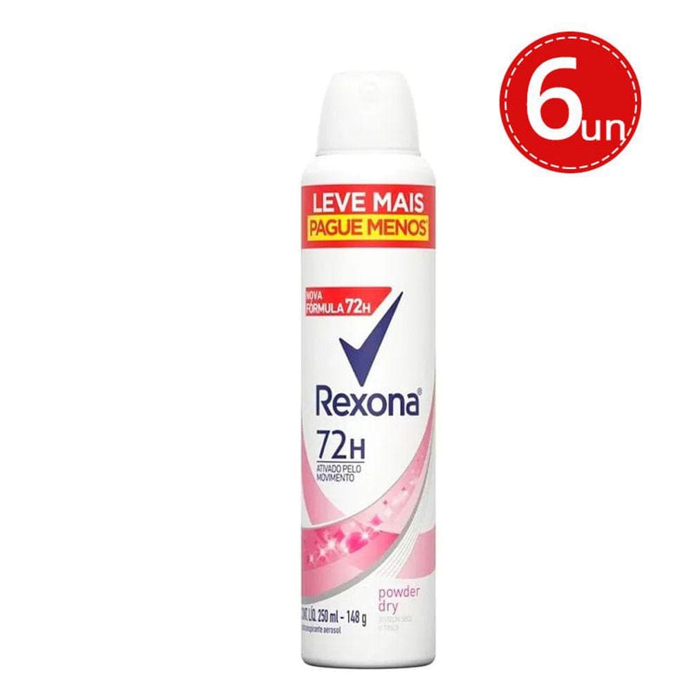 Kit Desodorante Antitranspirante Aerosol Rexona Powder Dry 72 horas 250ml - 6 Unidades