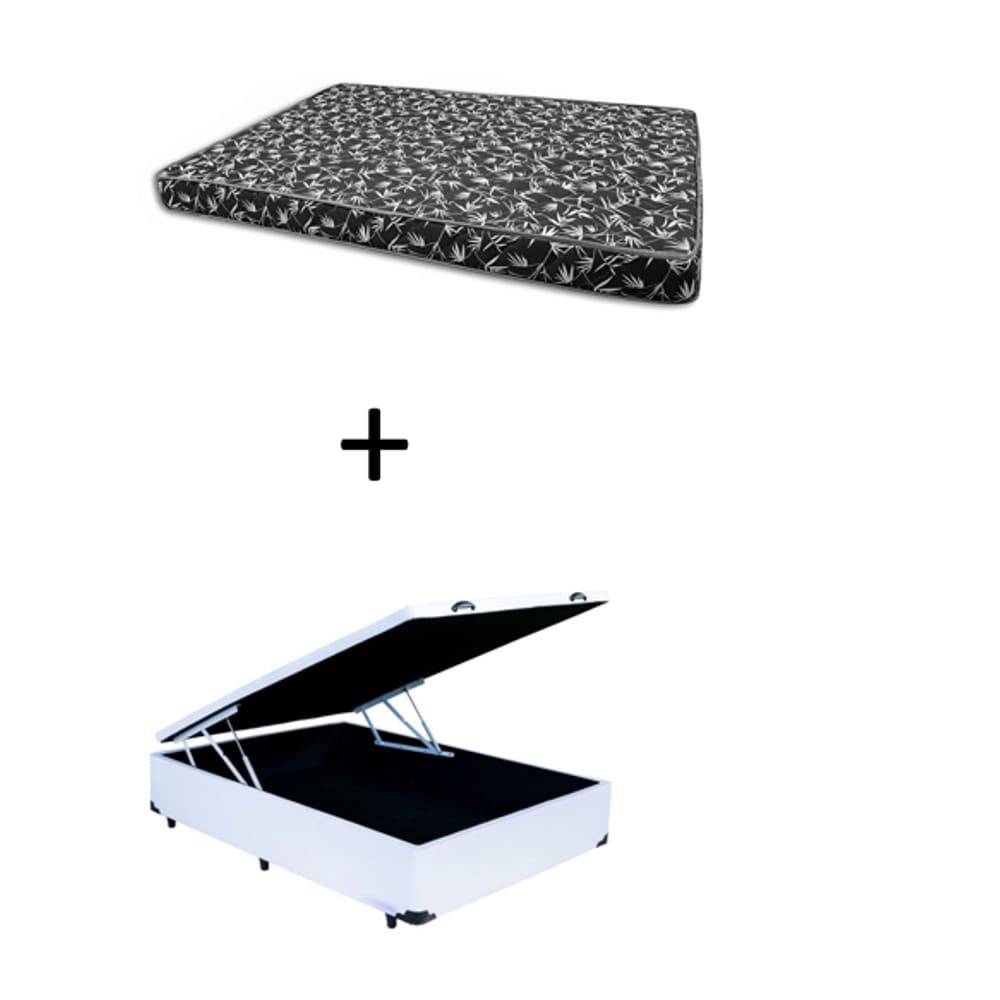 Cama Box Baú Casal 138 Bello Box - Tecido Sintético Branco com Colchão New York Preto D28 - 100% Espuma - 54x138x188