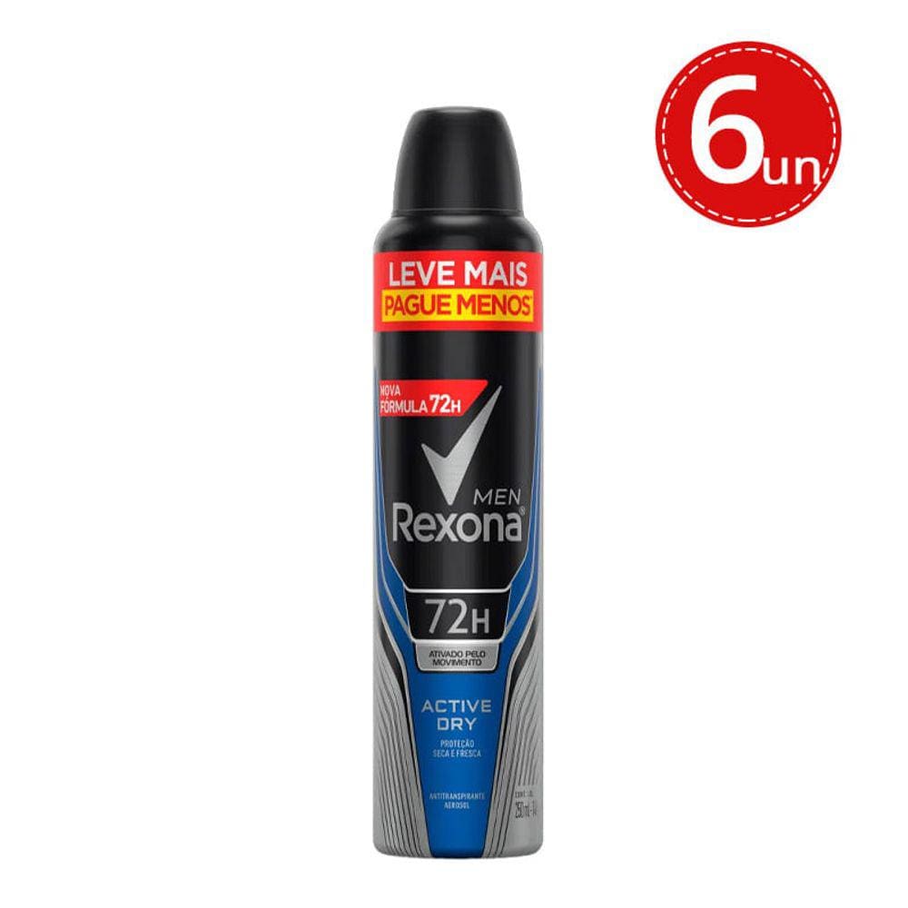 Kit Desodorante Antitranspirante Aerosol Rexona Active Dry 72 horas 250ml - 6 Unidades