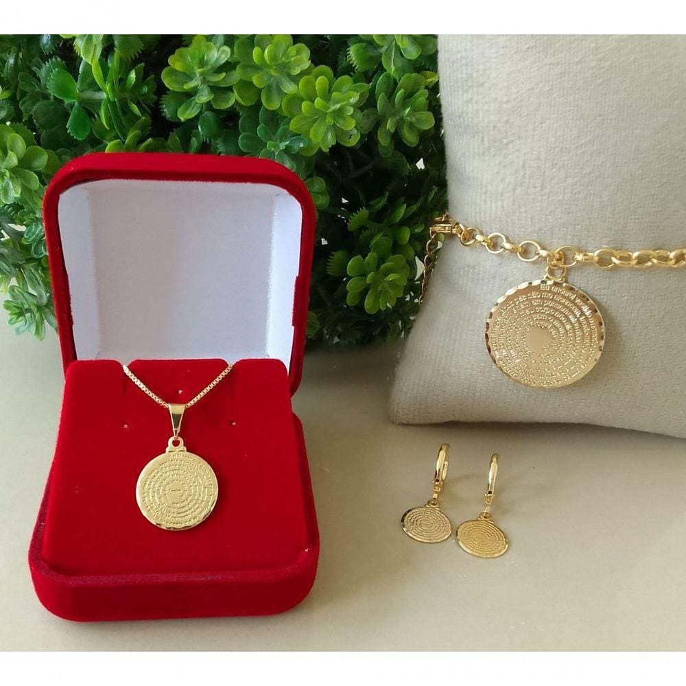 Brinco + Colar + pulseira Oração Pai Nosso Banho De Ouro