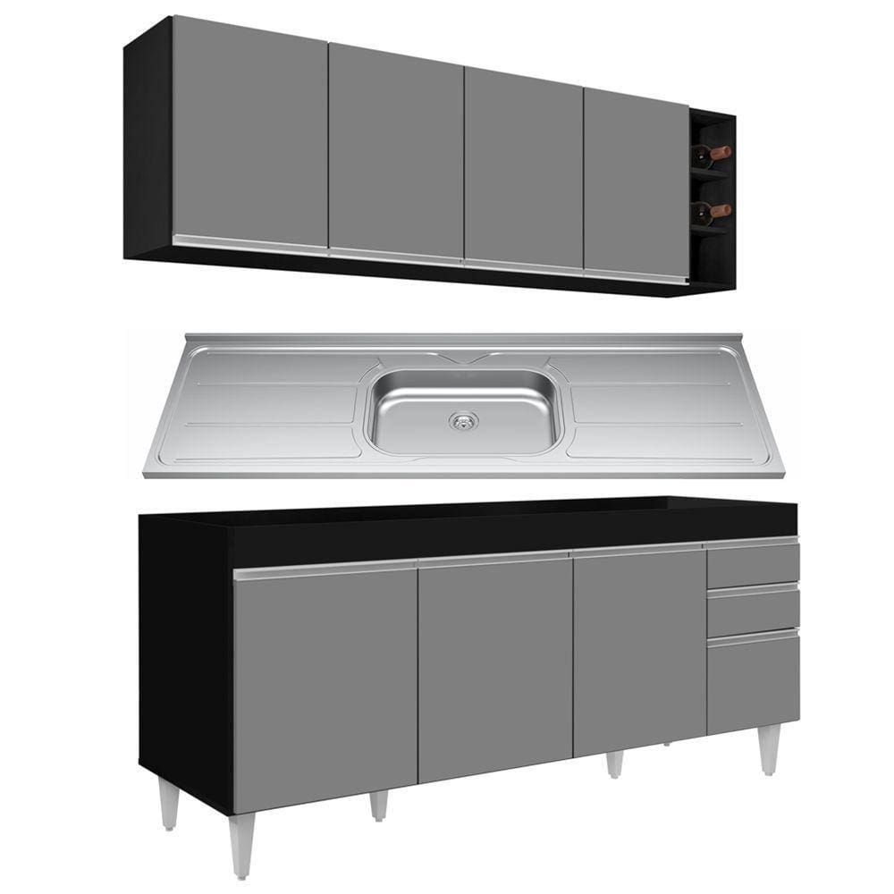 Armário Aéreo E Balcão Gabinete 180cm Com Pia Preto/cinza