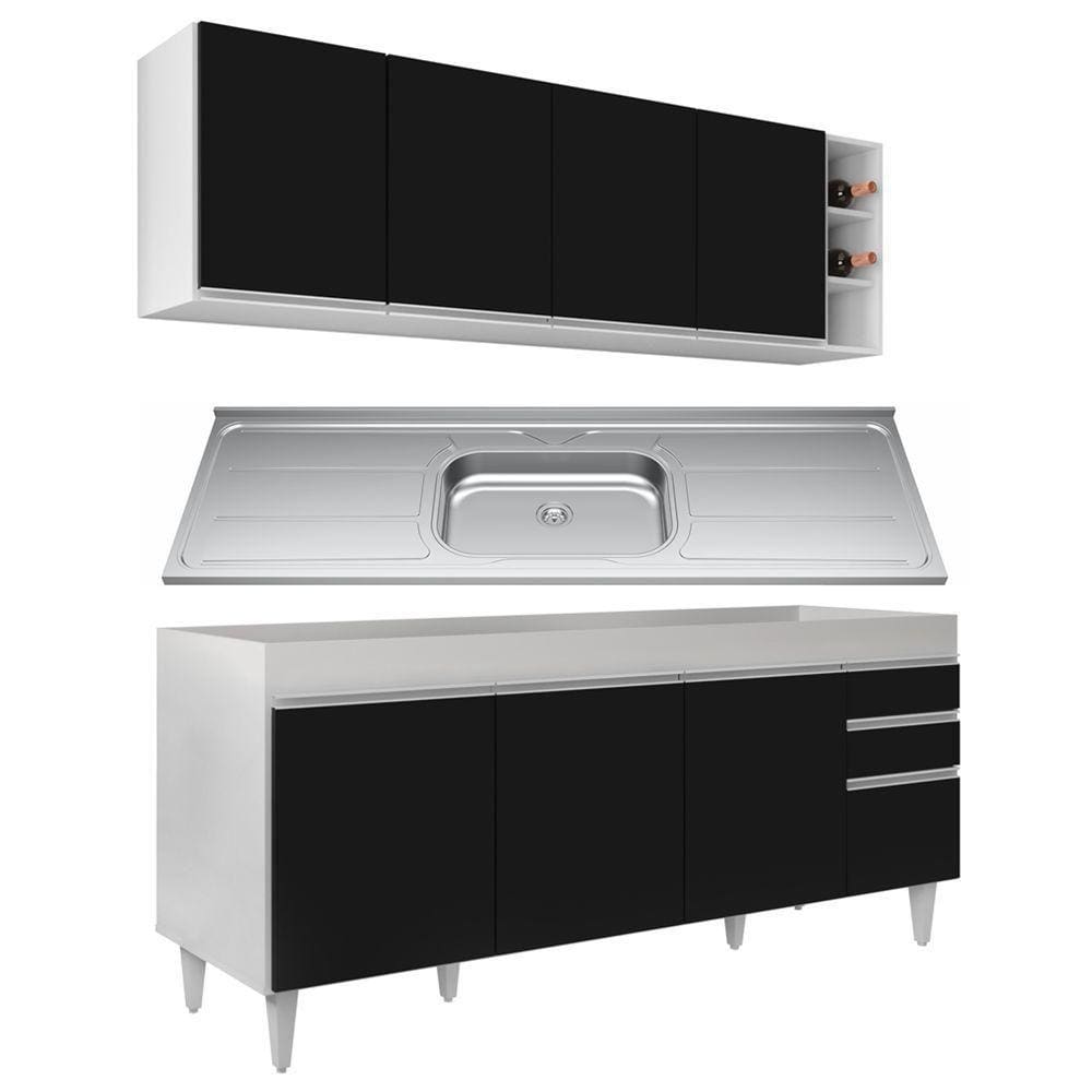 Armário Aéreo E Balcão Gabinete 180cm Com Pia Branco/preto