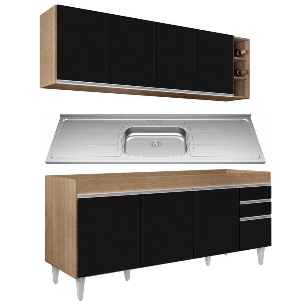 Armário Aéreo E Balcão Gabinete 180cm Com Pia Castanho/preto