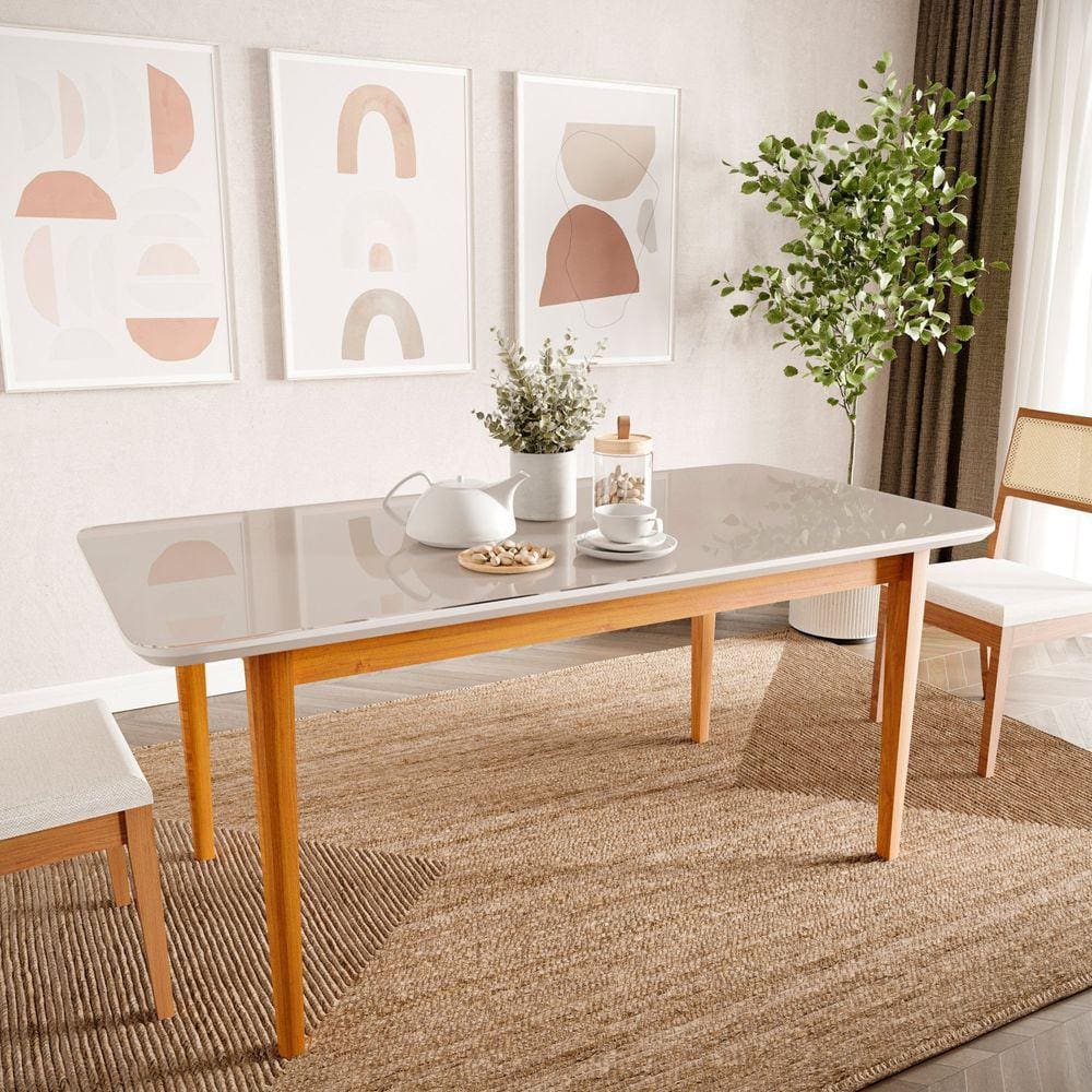 Mesa de Jantar 6 Lugares 1,80m Tampo MDF e Vidro Pés Madeira Maciça Tangará CabeCasa MadeiraMadeira Caramarromo/Off White