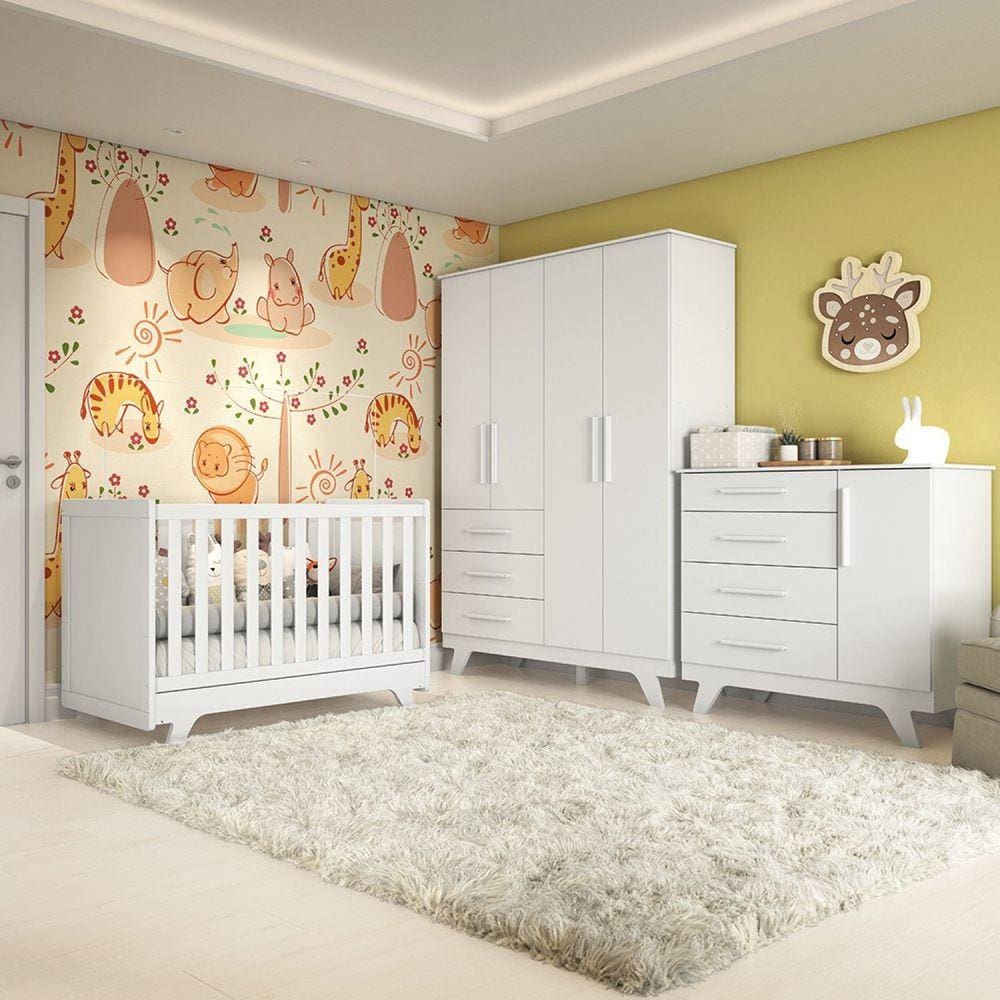 Quarto de Bebê Completo com Guarda Roupa, Cômoda e Berço 100% MDF Jolie Retrô Espresso Móveis Branco/Brilho Espresso Móveis