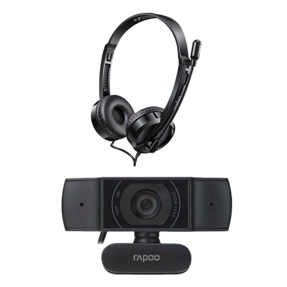 Combo Tech - Webcam Rapoo 720p Foco Automático e Headset Rapoo USB Microfone Sem Ruído Preto - RA0200K