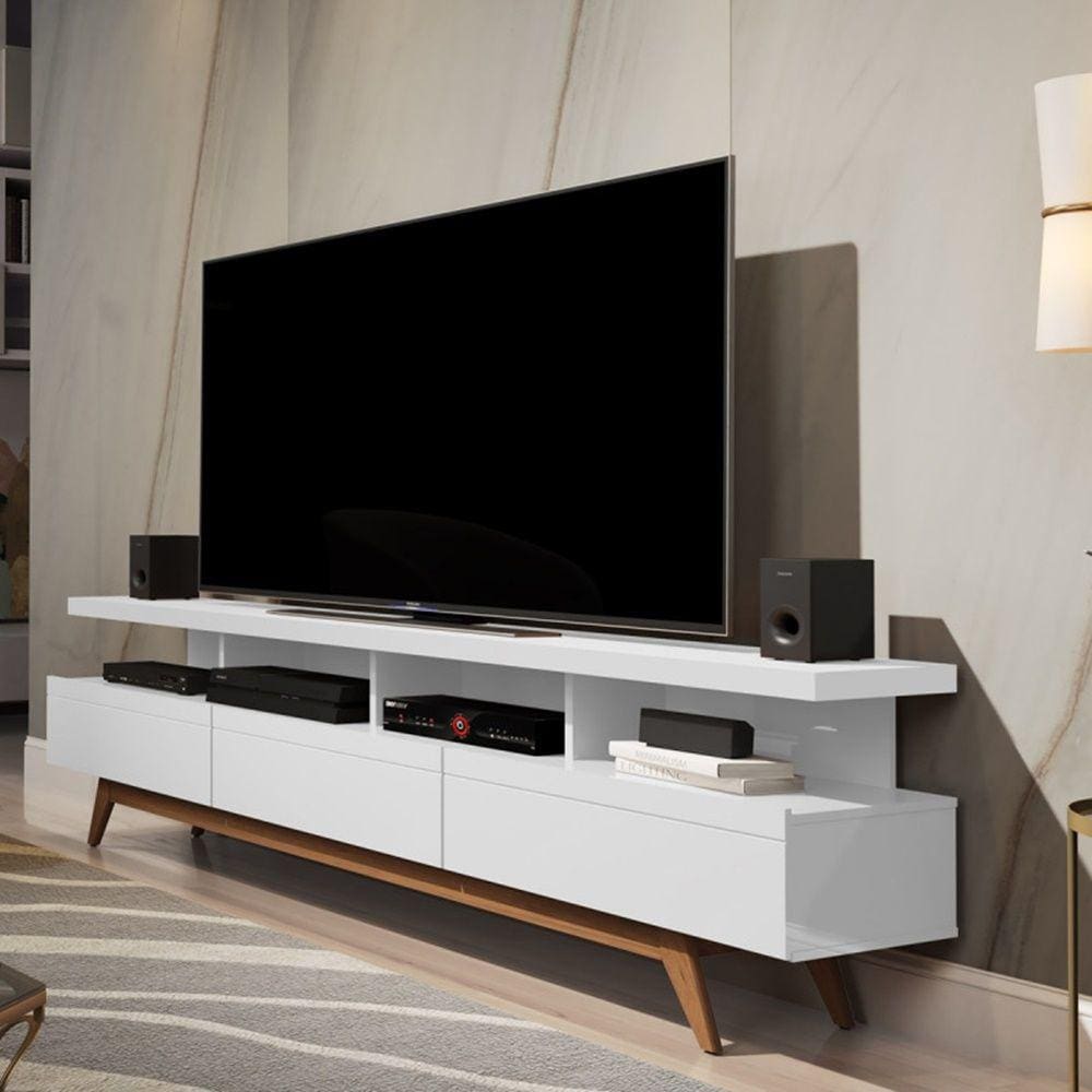 Rack 1,80 m 03 Gavetas e Pés de Madeira Vivare Wood - Germai - Branco Acetinado