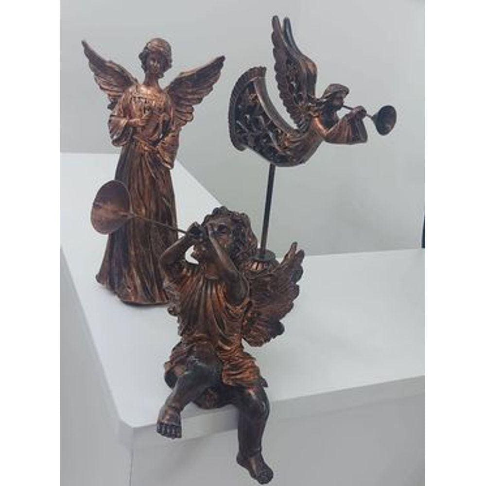 Trio de Anjos Natalinos em Resina Bronze