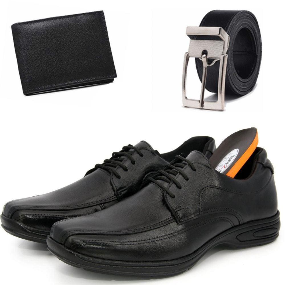 Sapato Social Masculino Preto Cadarço Couro Animal + Cinto + Carteira