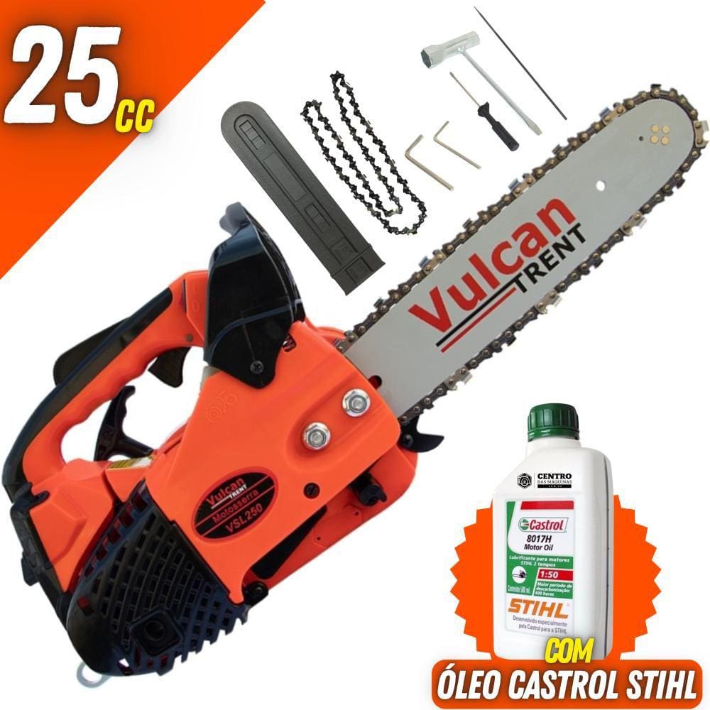 Motosserra Profissional á Gasolina Vulcan Trent VSL250 2T 25,4cc 0,9HP Sabre 12`` Ideal Para Tarugamento de Coberturas + Óleo Castrol Sthil de 500ml