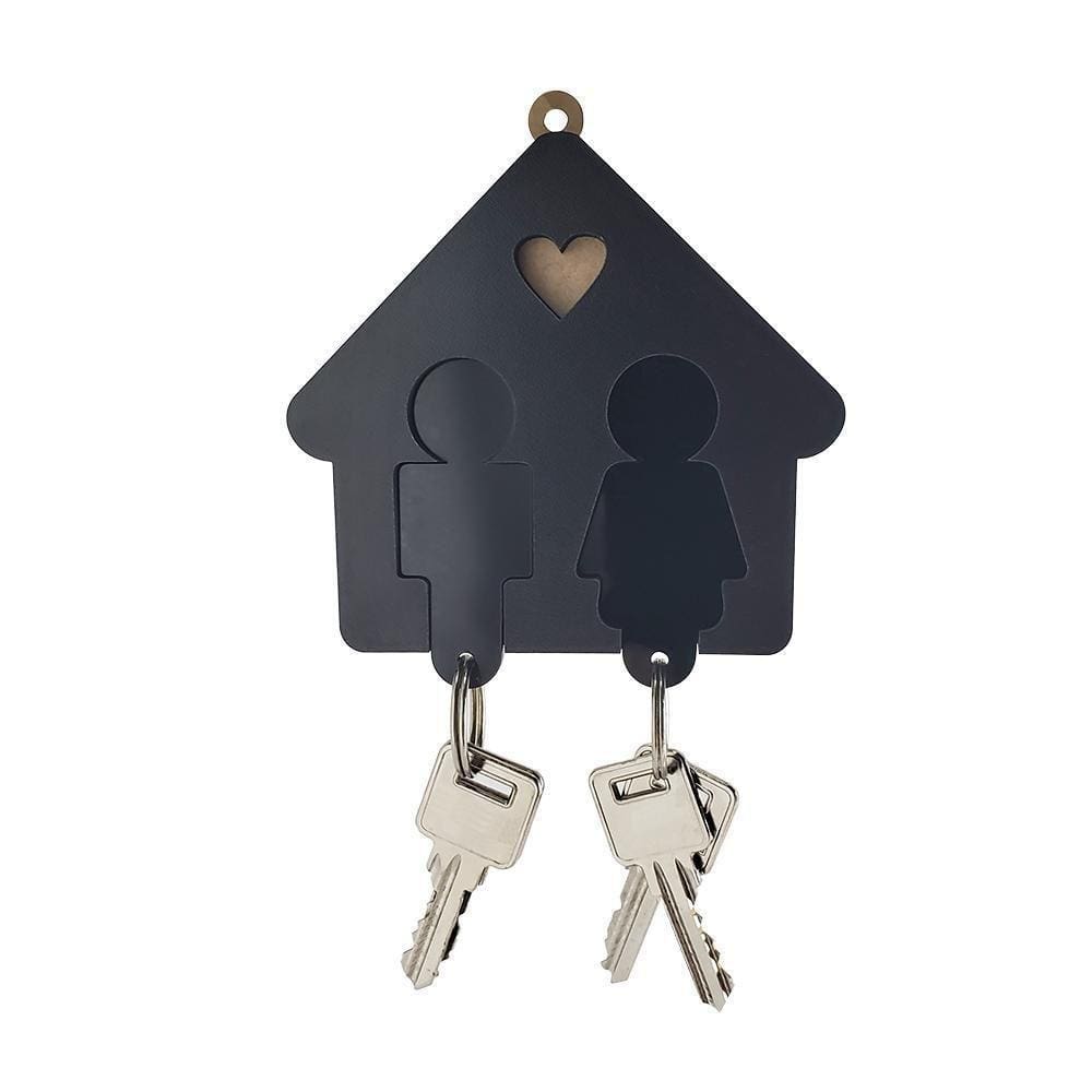 Porta Chave Madeira Casal Com Chaveiro Acrílico - Preto