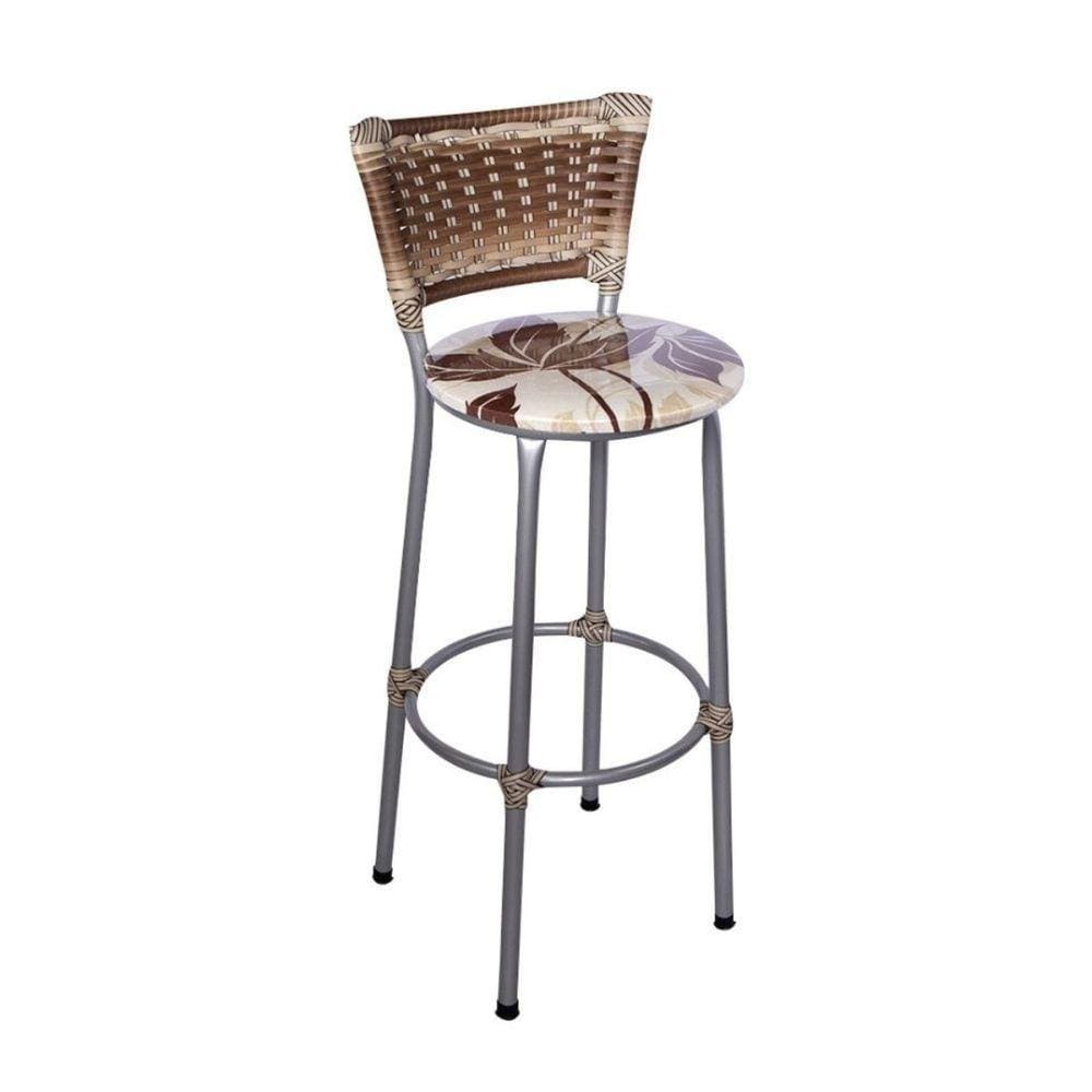 Banqueta Alta Prata com Encosto Junco Capuccino Assento Floral Marrom