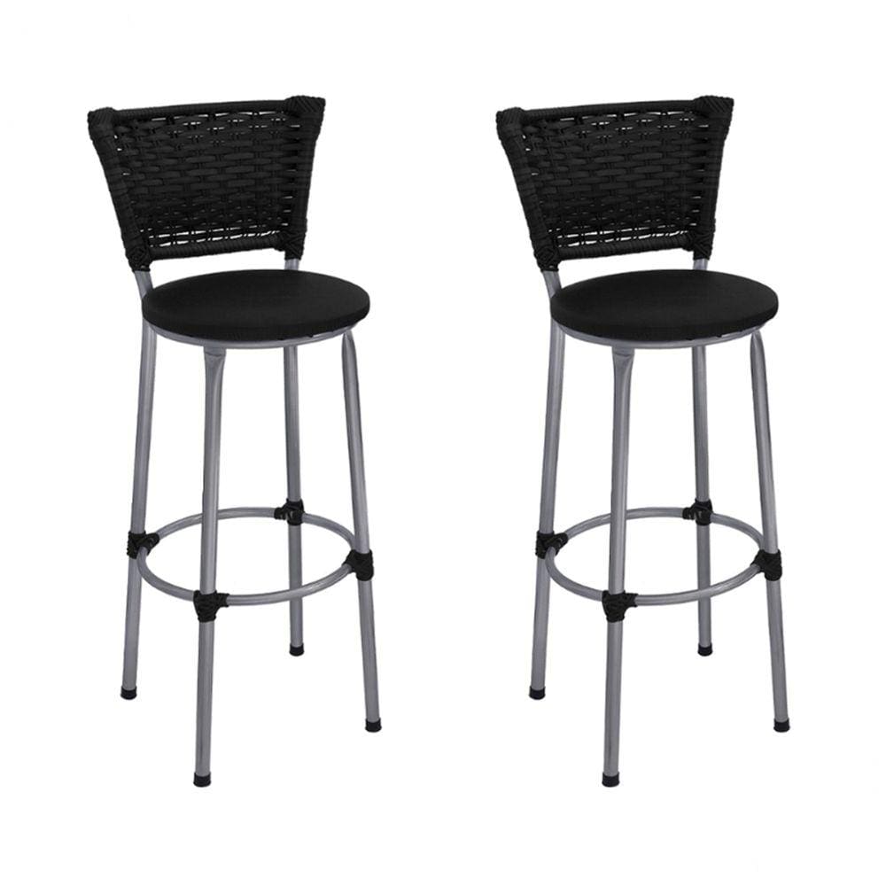 Kit 2 Banquetas Altas Prata com Encosto Junco Preto Assento Preto