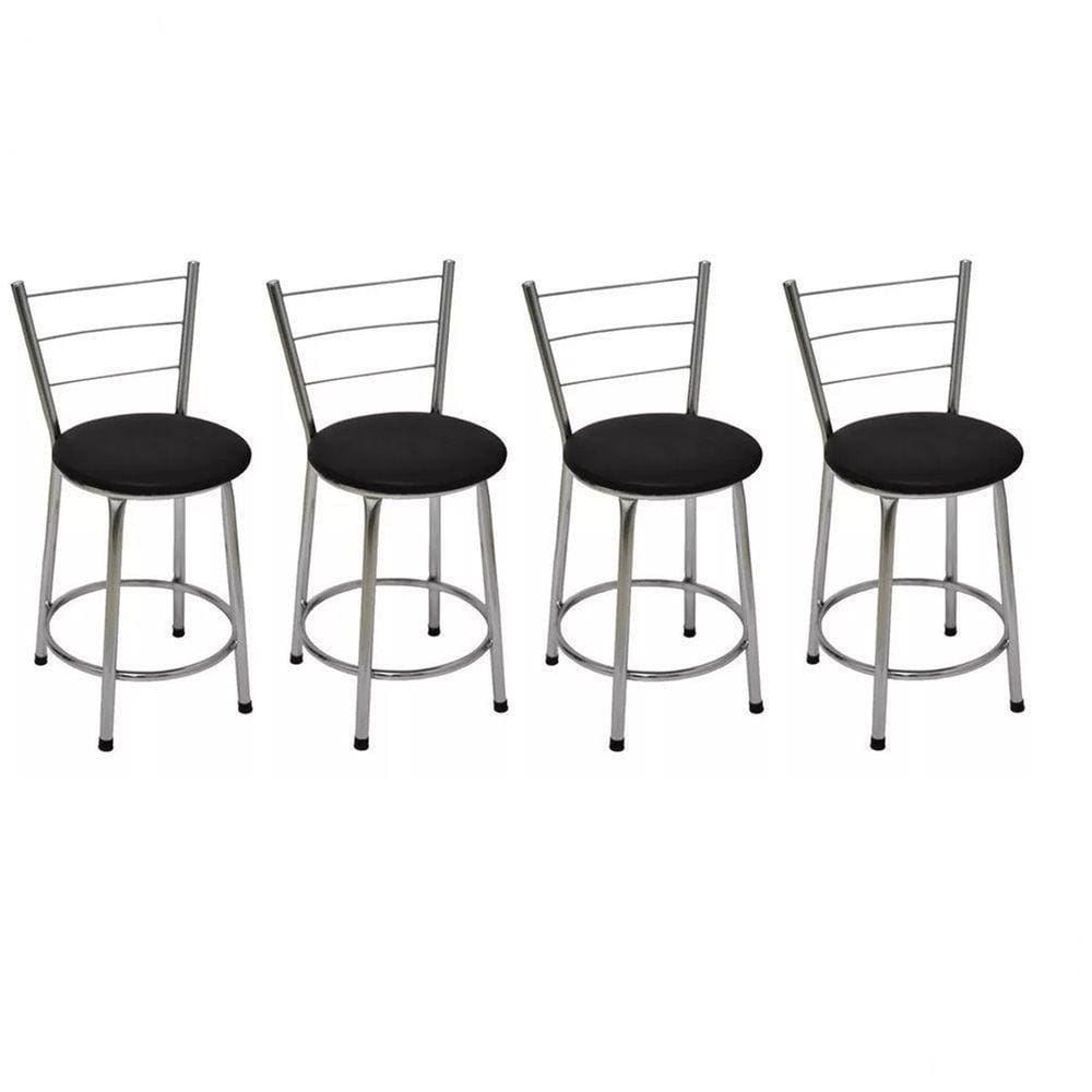 Kit 4 Banquetas Baixas Cromada com Encosto Assento Preto