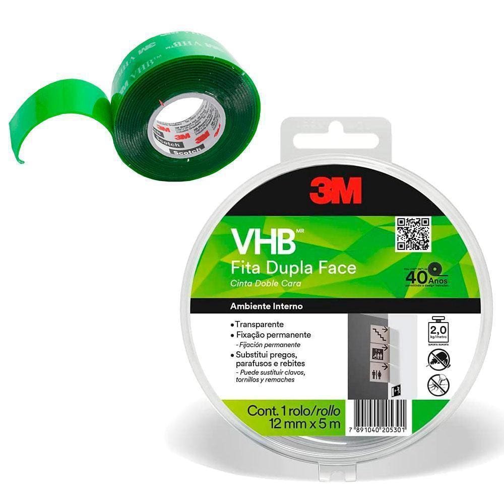 Fita Dupla Face 3M Extra Forte 2Kg Uso Interno 5 Metros 12Mm
