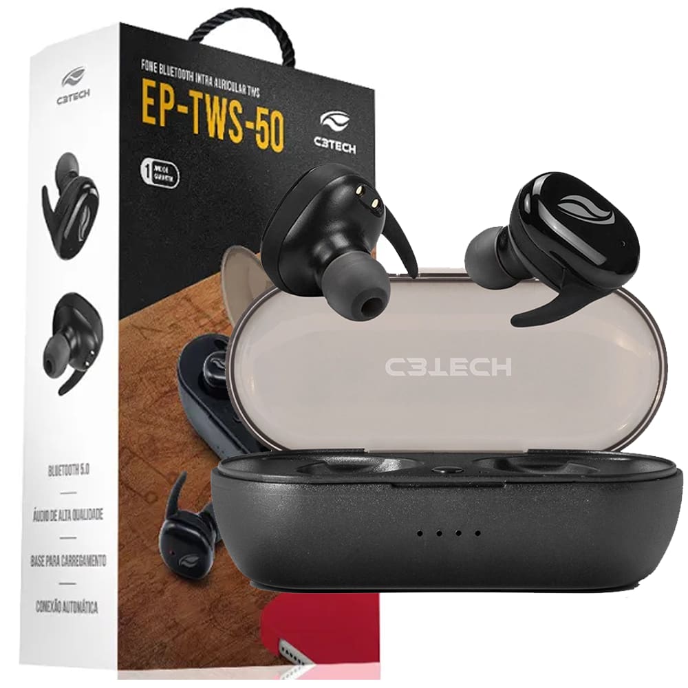 Fone de Ouvido Intra C3Tech EP-TWS-50BK - Bluetooth 5.0 True Wireless Intra-Auricular In-Ear Com microfone Preto