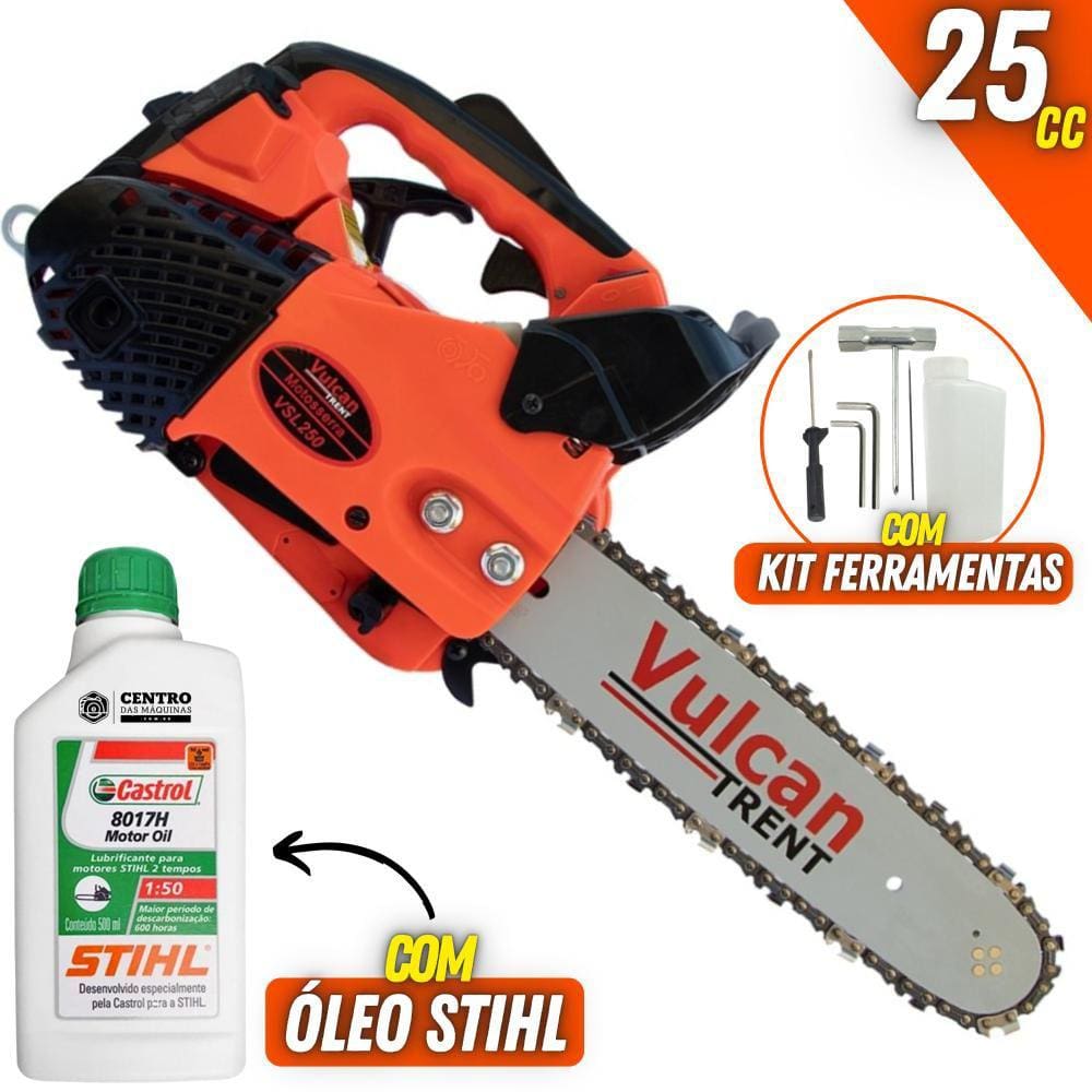 Motosserra Vulcan Trent VSL250 2T 25,4cc 0,9HP Com Sabre Ponta Rolante 12 Polegadas e Corrente de 22 Elos + Óleo Lubrificante 2T Castrol Sthil 500ml