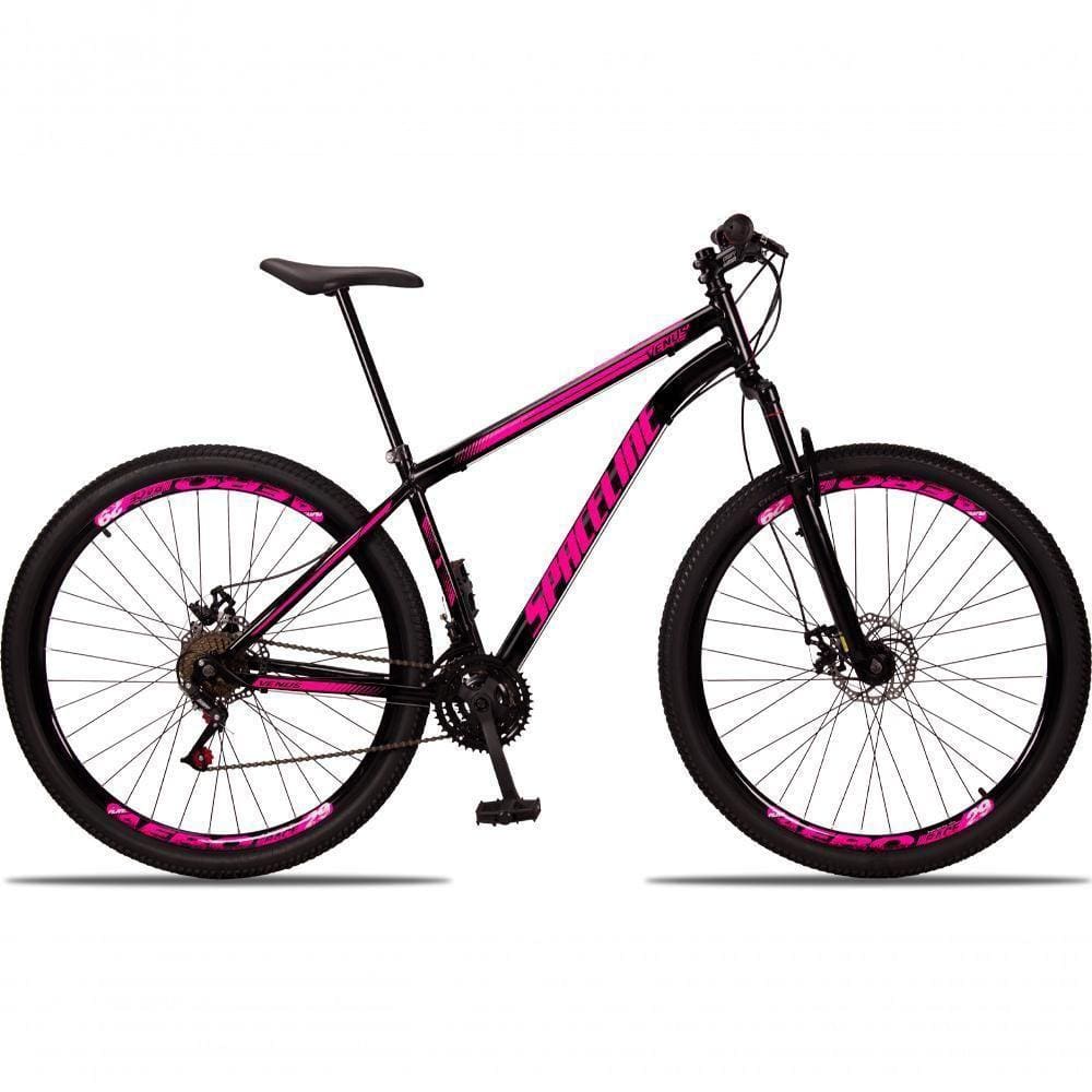 Bicicleta 29 Spaceline Vênus Aço 21M Freio a Disco c/ Suspensão Preto+rosa