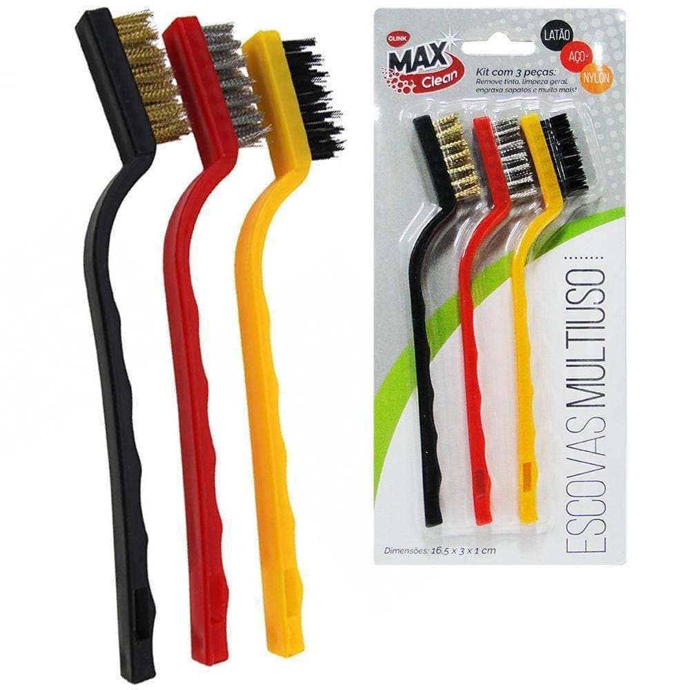 Escova De Aco / Nylon Cabo Plastico Max Clean Colors 3 Pecas