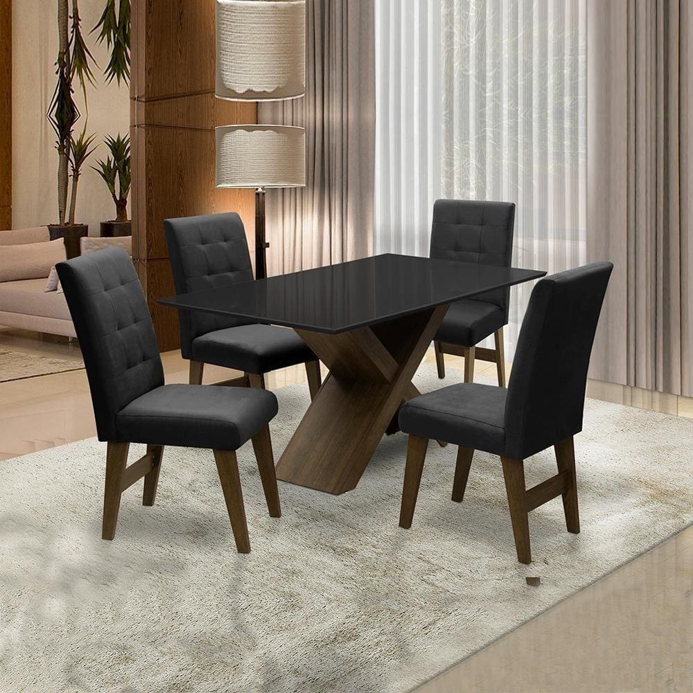 Conjunto Mesa Preto Dubai 1,35M Mdf Com 4 Cadeiras Castanho