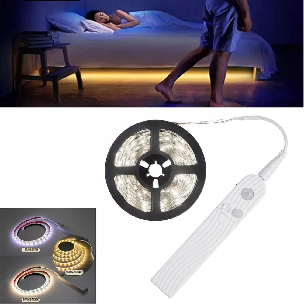 Fita de Led SMD 2835 Adesiva Flexível 3m Com Sensor De Presença Com 3 Modos IP65 Funciona A Pilhas Ou Com Fonte De 5V
