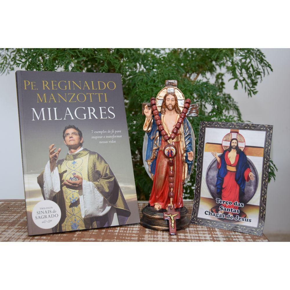 Kit Livro Milagres de Padre Reginaldo Manzotti ,Terço e Imagem de Santa Chagas