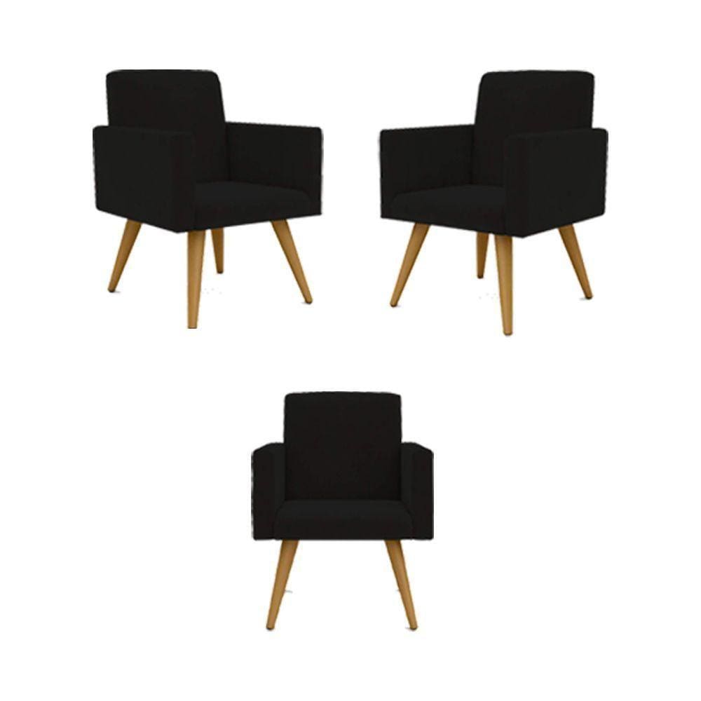 Kit 03 Poltronas Decorativa Para Recepção Cor Preta Preto