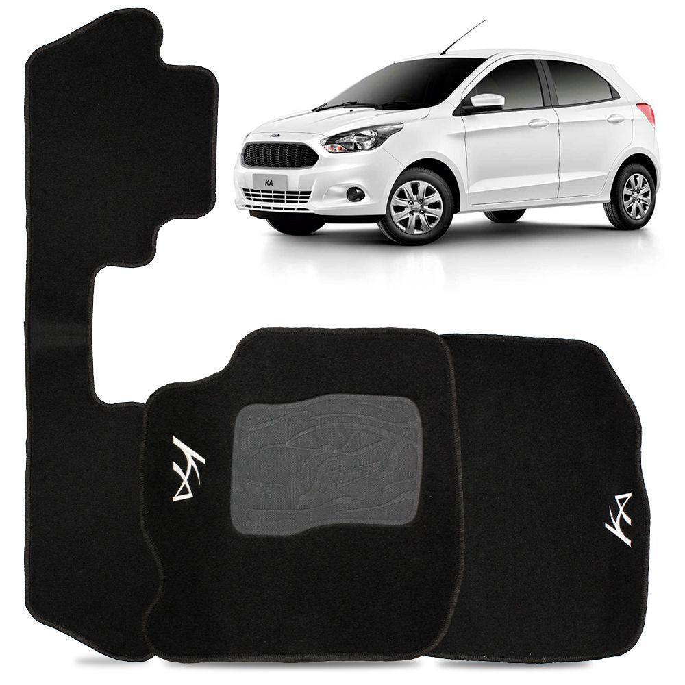 Jogo Tapete Carpete Automotivo Ford Ka Hatch Sedan 2015 a 2021 3 Peças Preto Bordado