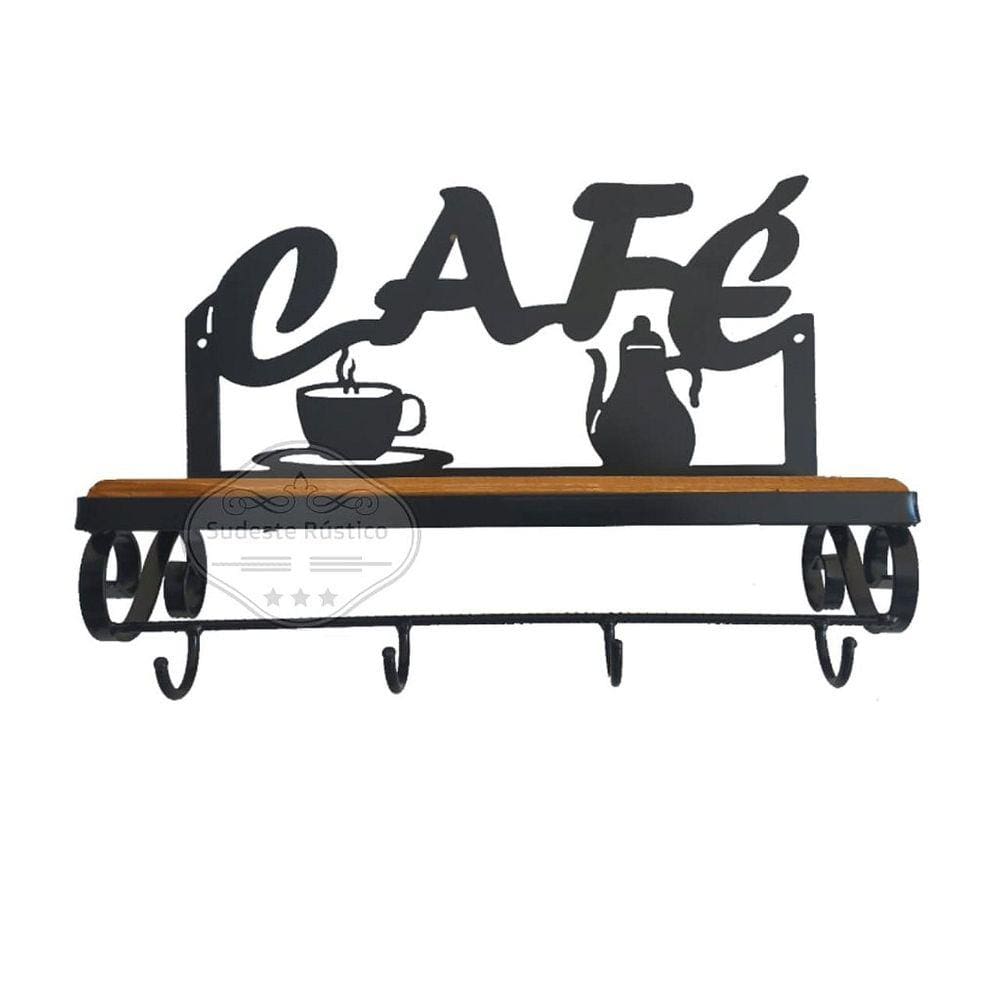 Prateleira Café com 4 Ganchos em Madeira de Demolição e Ferro Sudeste Rústico