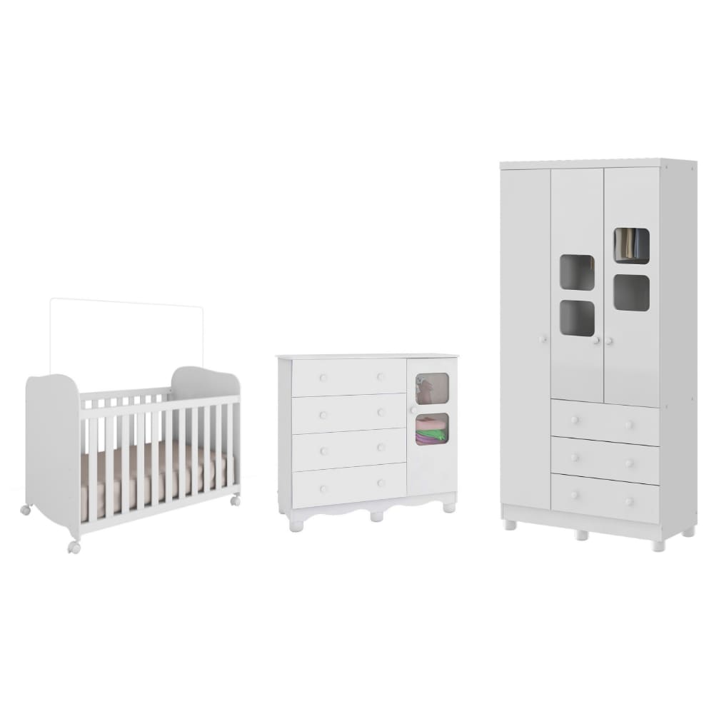 Quarto de Bebê Completo com Guarda Roupa 3 Portas Berço Americano Cômoda Uli 4 Gavetas Móveis Peroba