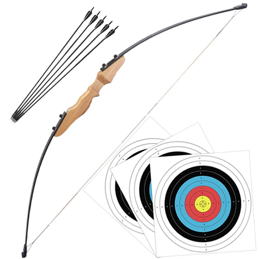 Kit Arco e Flecha Profissional Destro Riser de Madeira + 5 Flechas de Fibra de Vidro + 3 Alvos Para Treino Tiro ao Alvo Camping Tiro Esportivo Caça