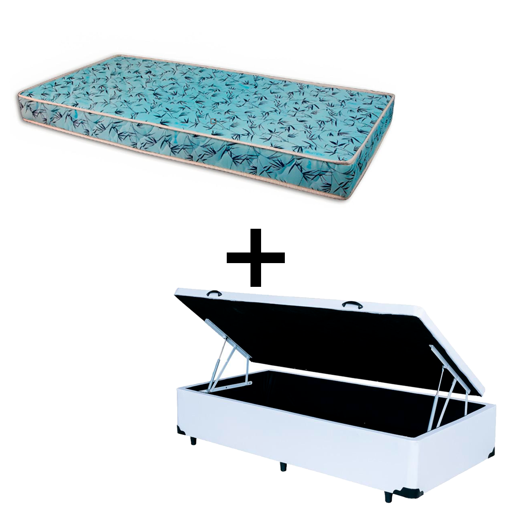 Cama Baú Solteiro 88 Tecido Sintético Branco Com Colchão Natal Bello Box - 100% Espuma - D23 Azul 54x88x188