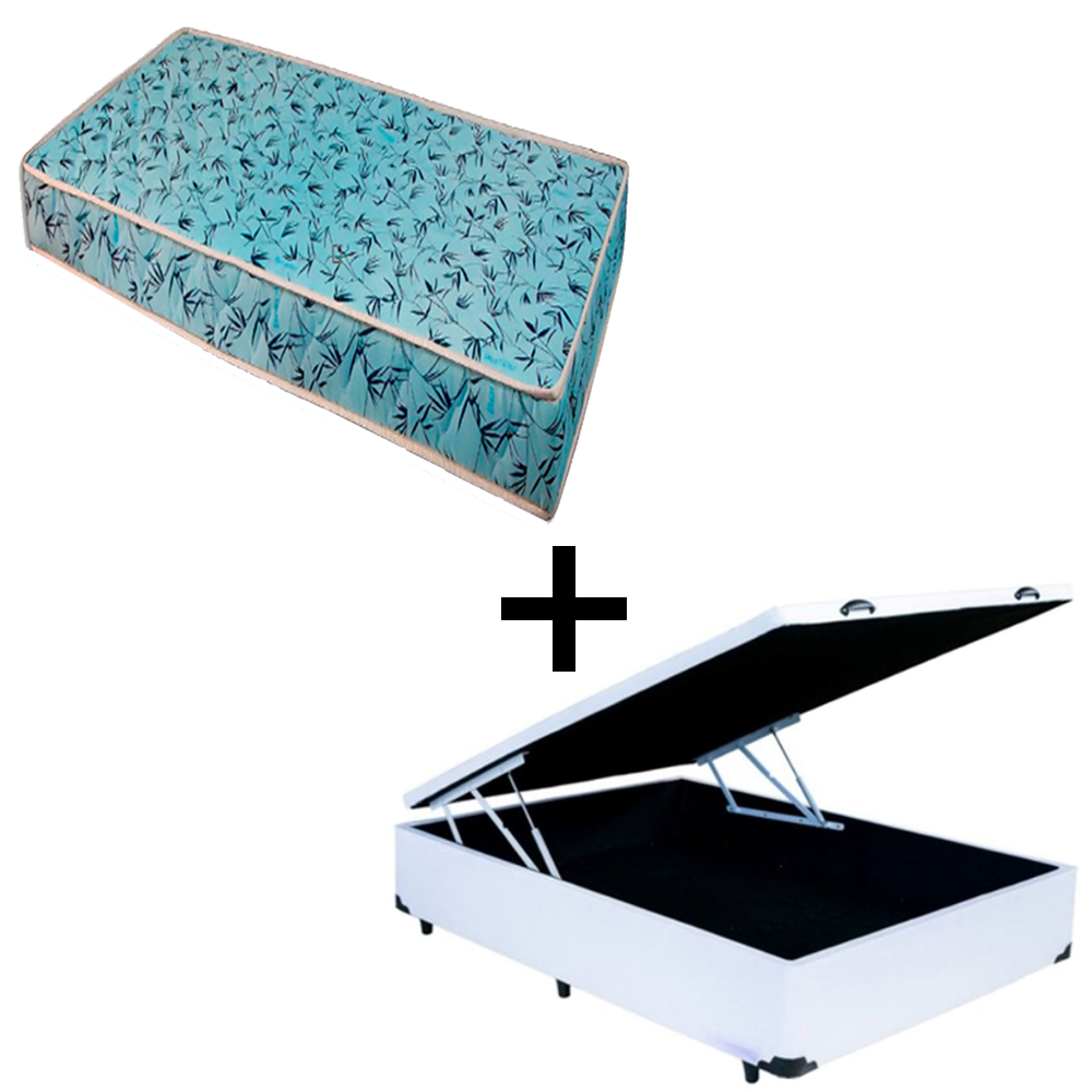 Cama Baú Casal 138 Tecido Sintético Branco Com Colchão Natal Bello Box - 100% Espuma - D23 Azul 55x138x188