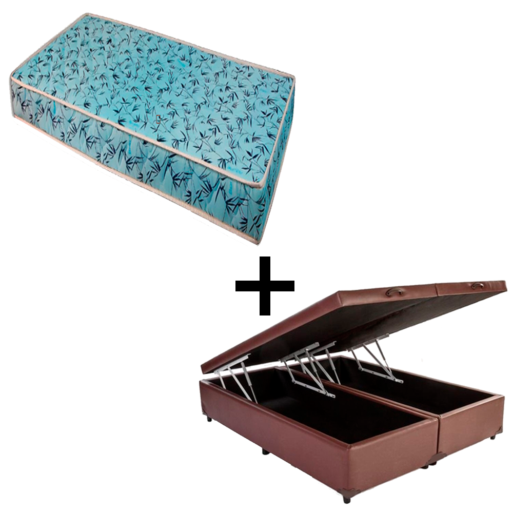 Cama Baú Casal 138 Tecido Sintético Marrom Com Colchão Natal Bello Box - 100% Espuma - D23 Azul 55x138x188